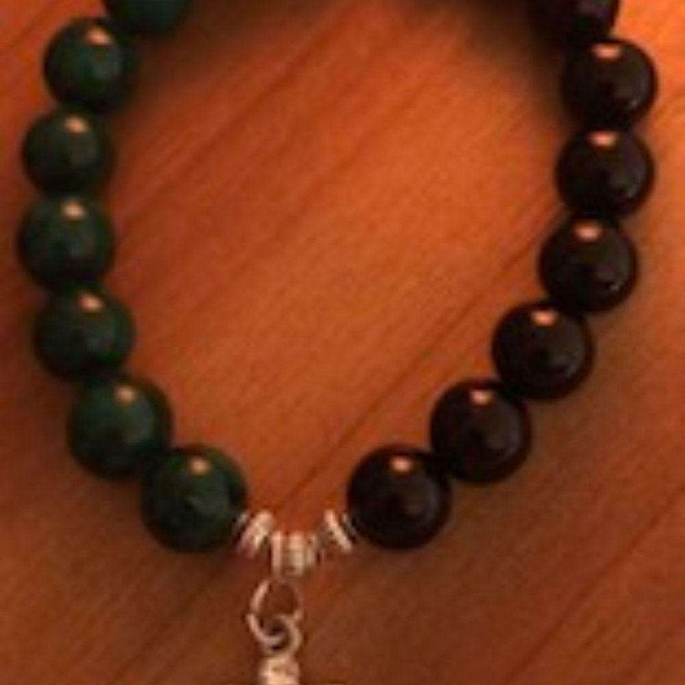 Onyx & Jade 10mm Bead Bracelet w/ Crown Charm